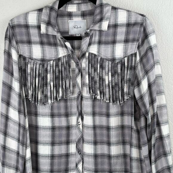 Rails Western Dolly Button Down Grey Check Plaid Fringe Flannel Shirt XS/Medium - Picture 5 of 16